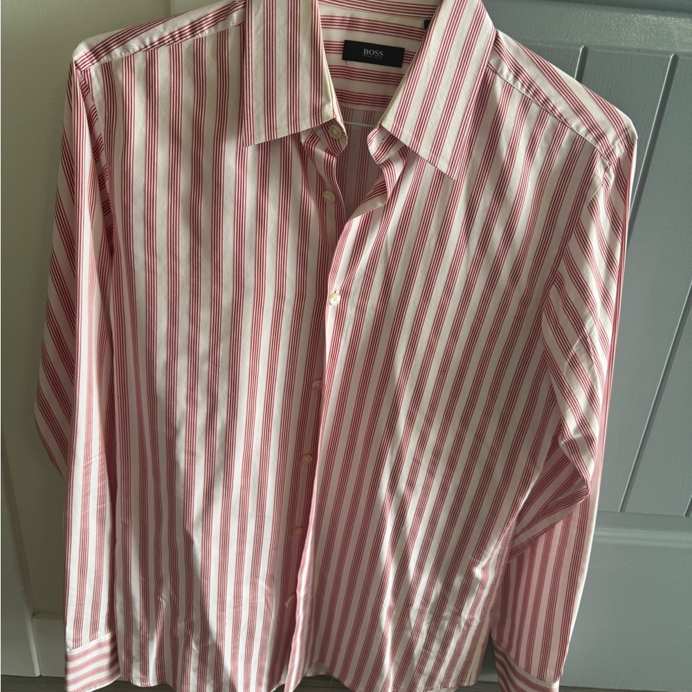Boss Men's Red and White Striped Dress Shirt